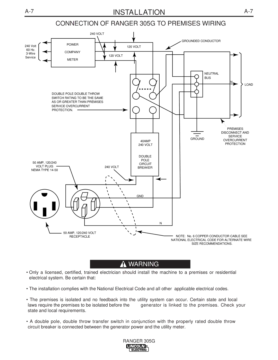 Lincoln Electric IM742-A manual Connection of Ranger 305G to Premises Wiring 