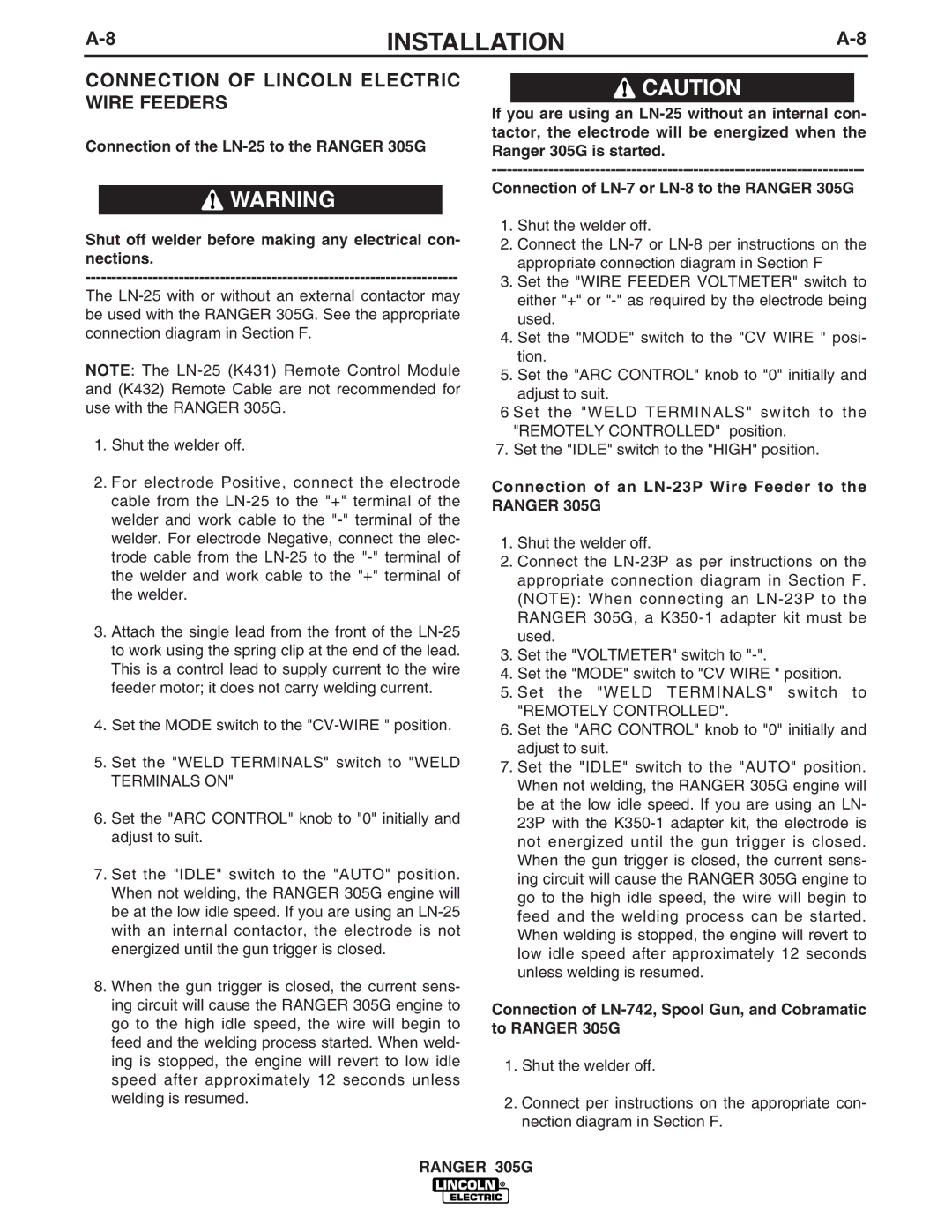 Lincoln Electric IM742-A manual Connection of Lincoln Electric Wire Feeders 