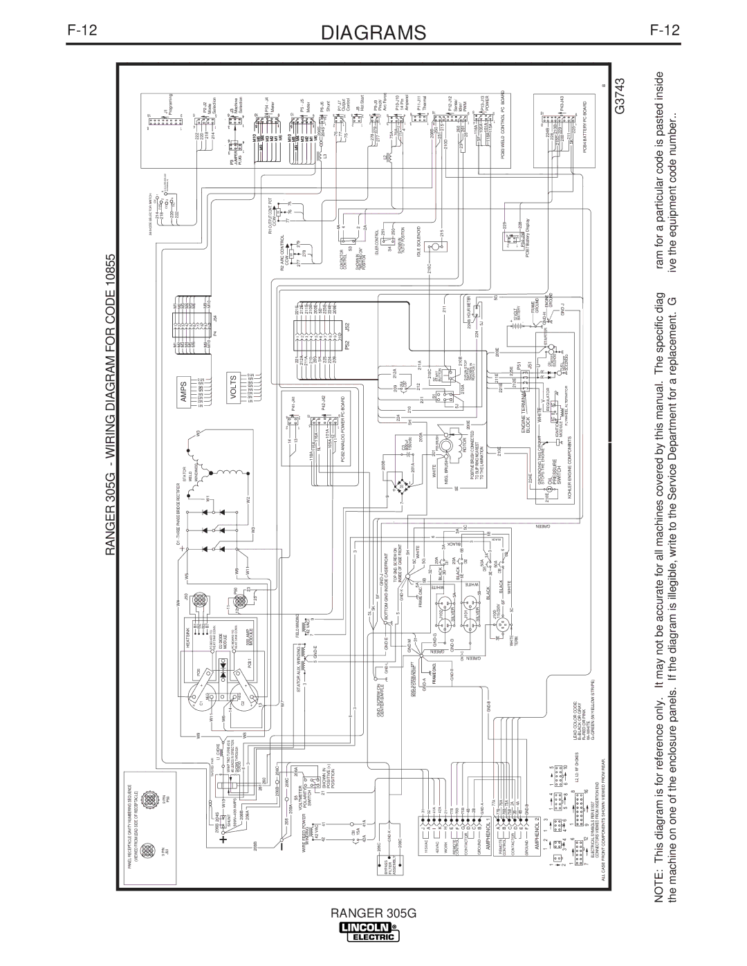 Lincoln Electric IM742-A manual Ranger 305G Wiring Diagram for Code, G3743 