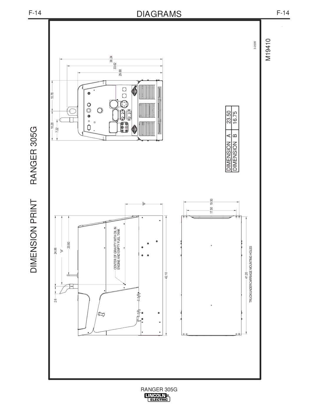 Lincoln Electric IM742-A manual Dimension Print Ranger 305G, Dimension a, 23.50, Dimension B, 16.75 