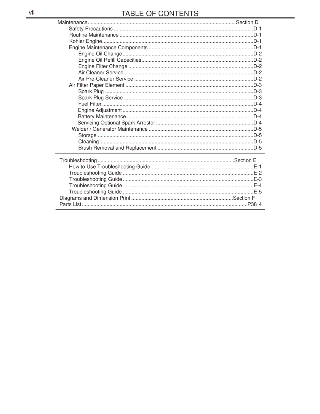 Lincoln Electric IM742-A manual Vii, Section D, Section E, Section F, P384 