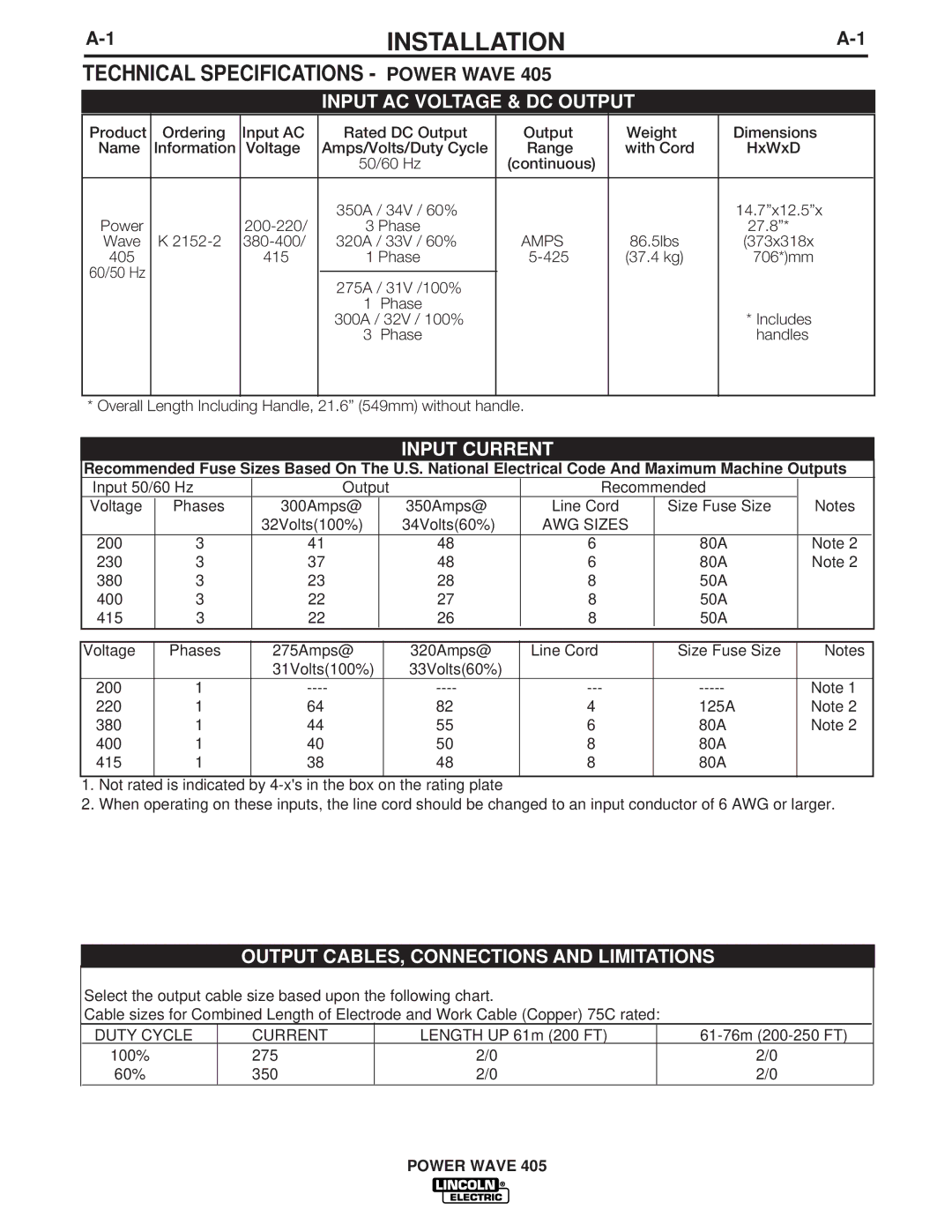 Lincoln Electric IM746 manual Installation, Technical Specifications Power Wave 