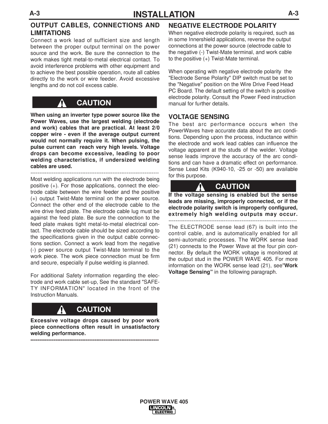 Lincoln Electric IM746 manual Output CABLES, Connections and Limitations, Negative Electrode Polarity, Voltage Sensing 