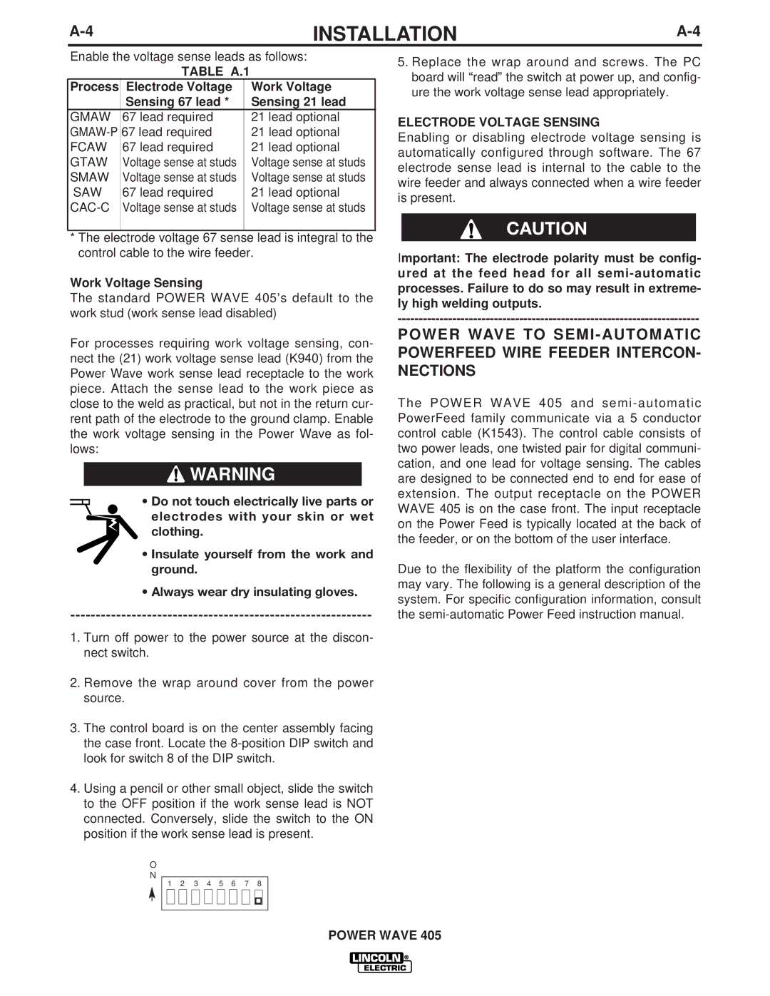 Lincoln Electric IM746 manual Table A.1, Work Voltage Sensing, Electrode Voltage Sensing 