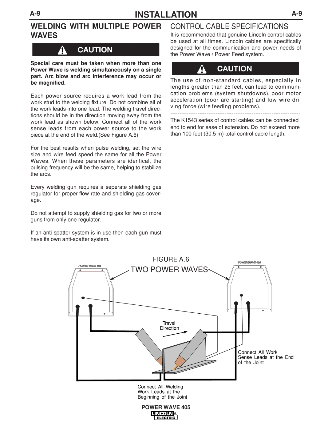 Lincoln Electric IM746 manual Welding with Multiple Power Waves, Control Cable Specifications, TWO Power Waves 