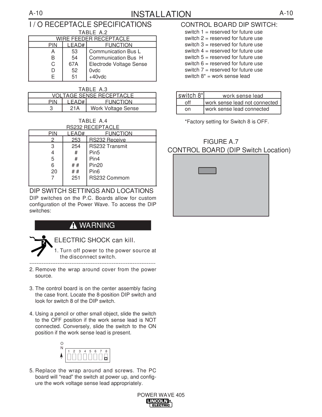 Lincoln Electric IM746 manual Receptacle Specifications, DIP Switch Settings and Locations, Control Board DIP Switch 