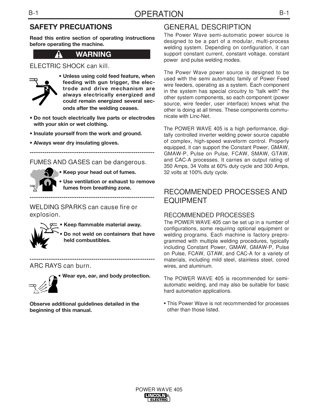 Lincoln Electric IM746 manual Operation, General Description, Recommended Processes and Equipment 