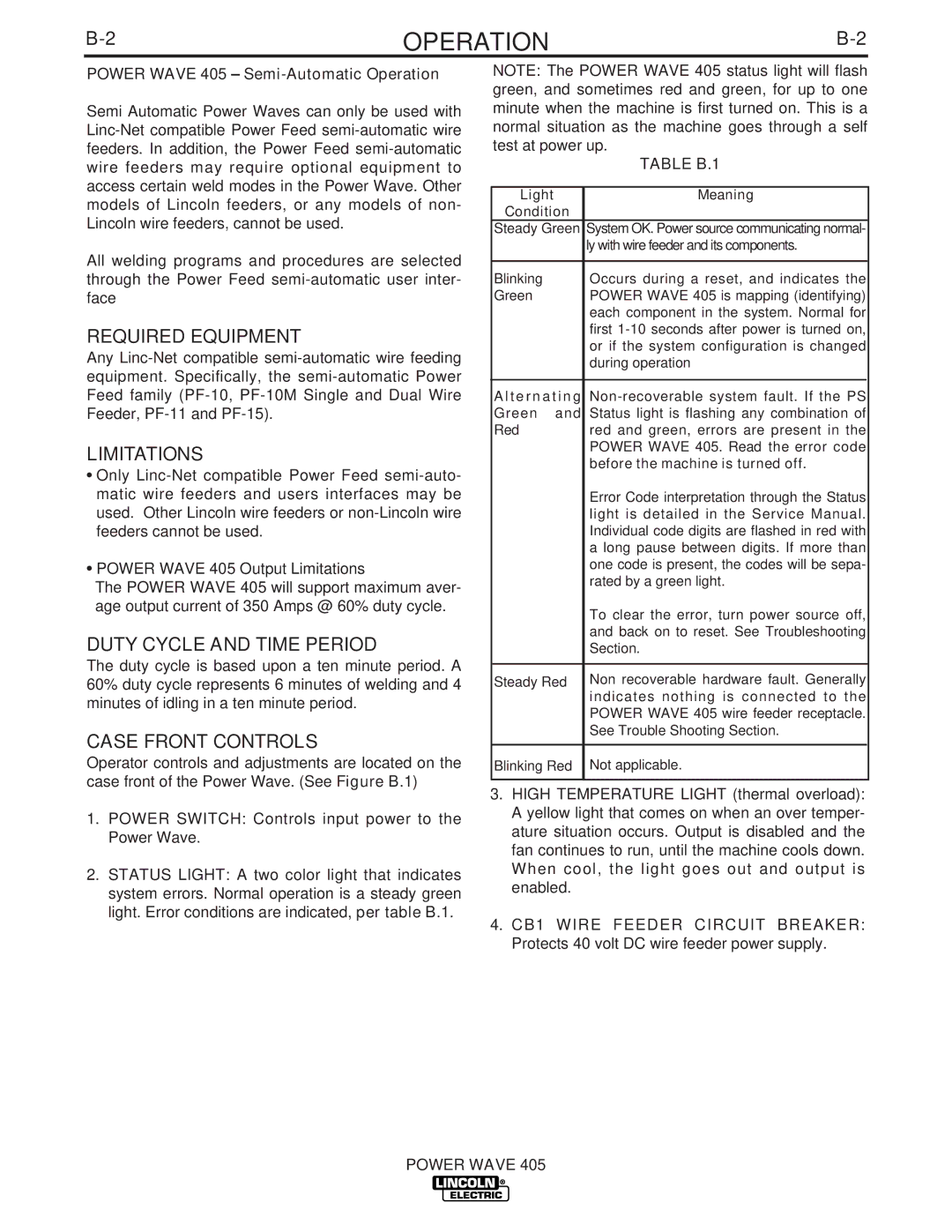 Lincoln Electric IM746 manual Required Equipment, Limitations, Duty Cycle and Time Period, Case Front Controls, Table B.1 