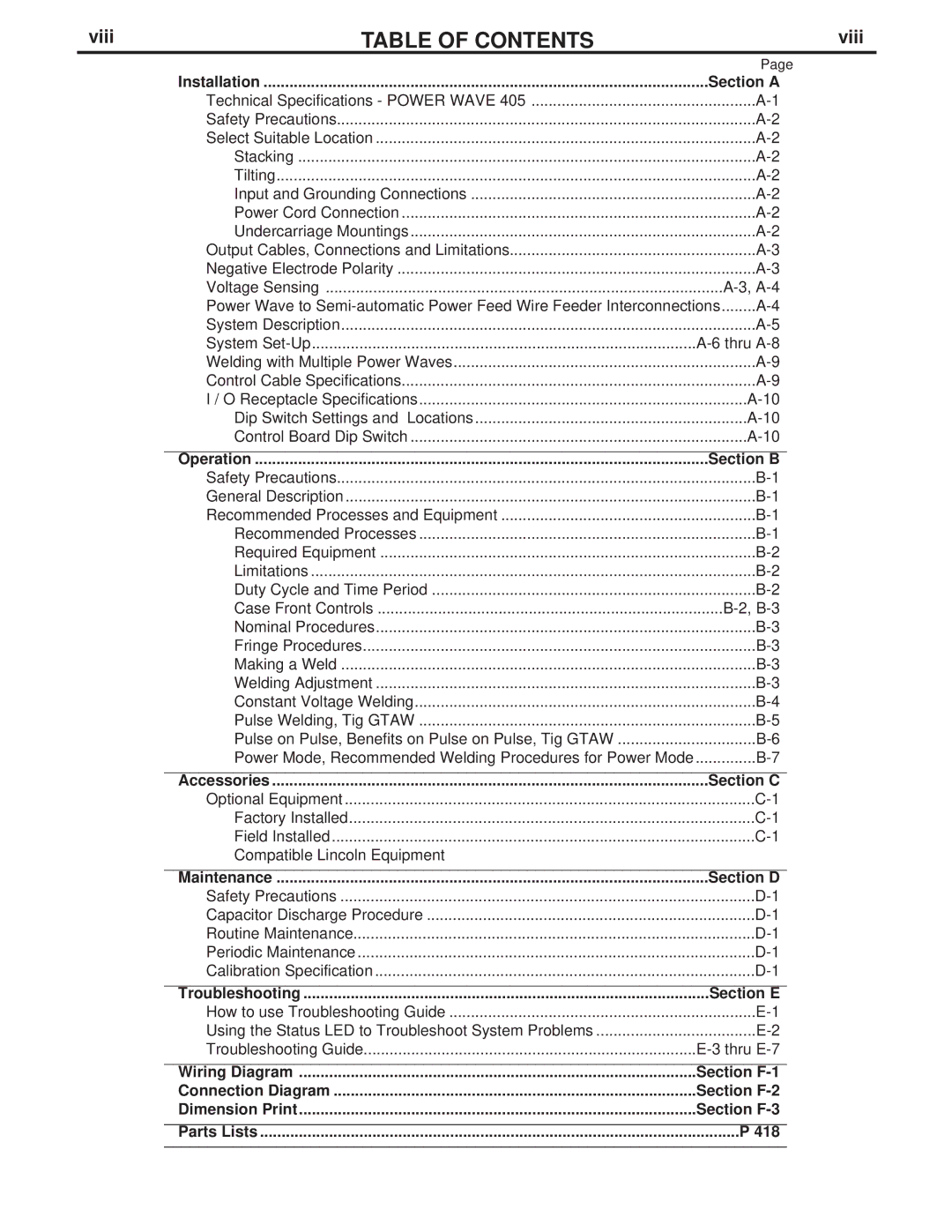 Lincoln Electric IM746 manual Table of Contents 