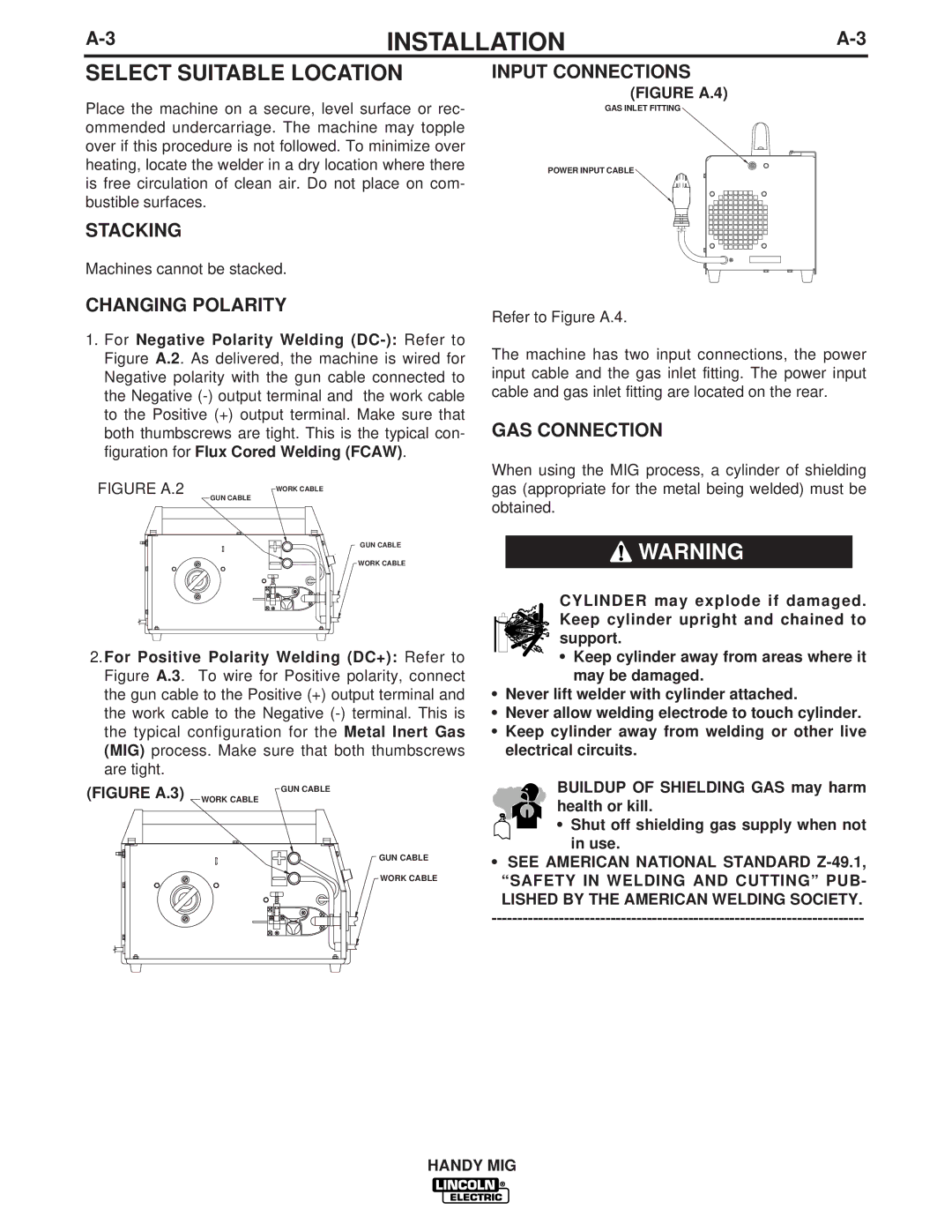 Lincoln Electric IM756-A manual Select Suitable Location, Stacking, Changing Polarity, Input Connections, GAS Connection 