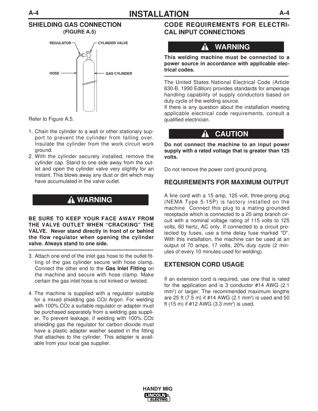 Lincoln Electric IM756-A manual Shielding GAS Connection, Code Requirements for ELECTRI- CAL Input Connections 