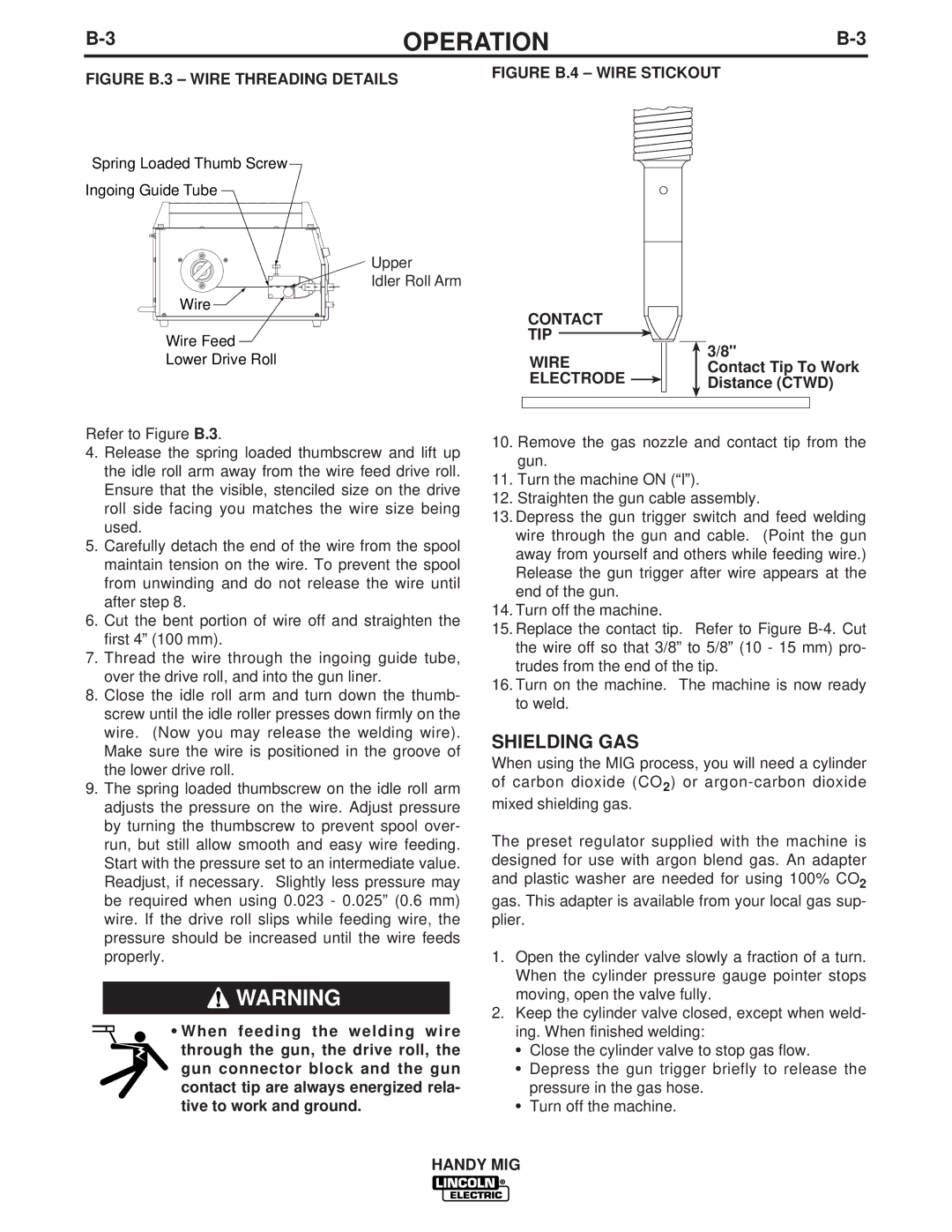 Lincoln Electric IM756-A manual 3OPERATIONB-3, Shielding GAS, Contact TIP Wire Electrode, Contact Tip To Work Distance Ctwd 