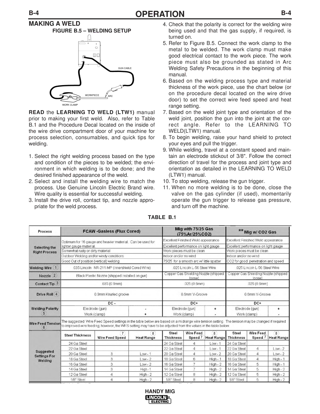 Lincoln Electric IM756-A manual 4OPERATIONB-4, Making a Weld, Table B.1 Handy MIG 