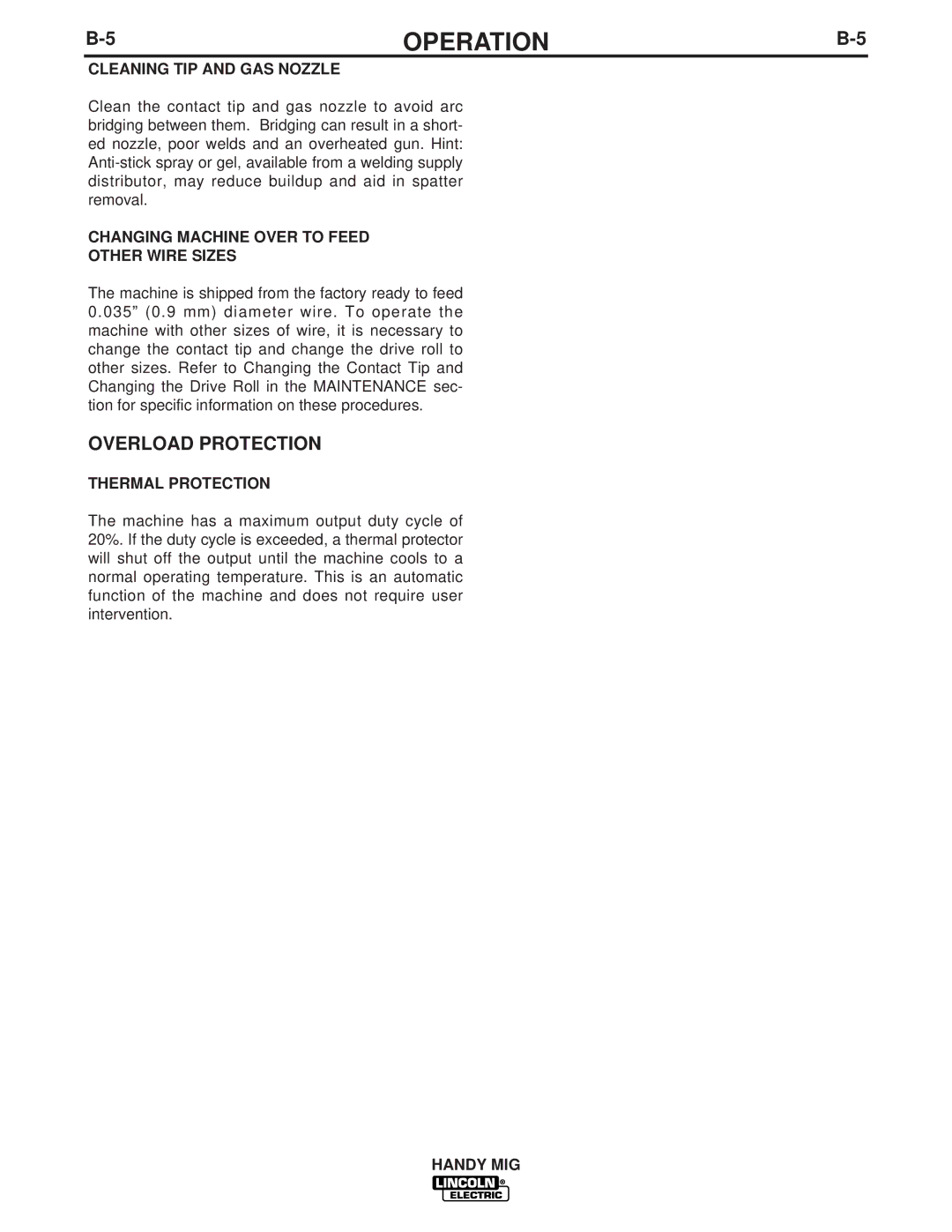 Lincoln Electric IM756-A Overload Protection, Cleaning TIP and GAS Nozzle, Changing Machine Over to Feed Other Wire Sizes 