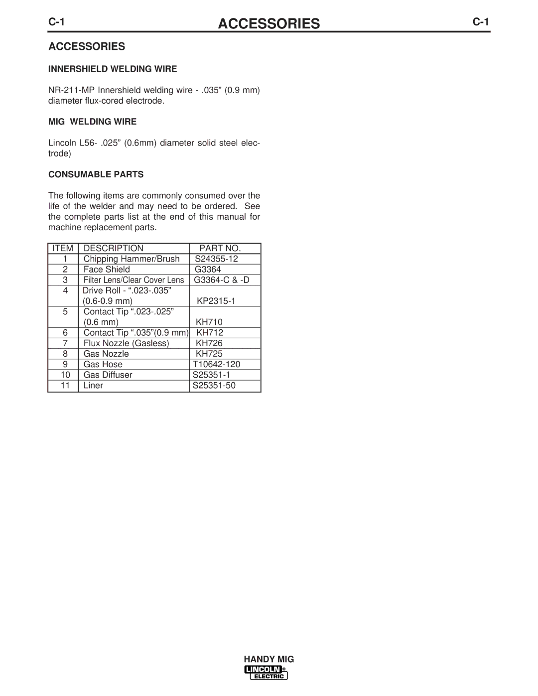 Lincoln Electric IM756-A manual Accessories, Innershield Welding Wire, MIG Welding Wire, Consumable Parts 