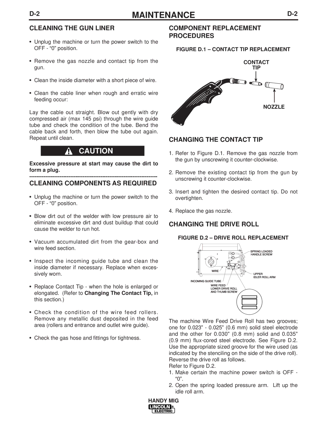 Lincoln Electric IM756-A manual Cleaning the GUN Liner, Cleaning Components AS Required, Component Replacement Procedures 