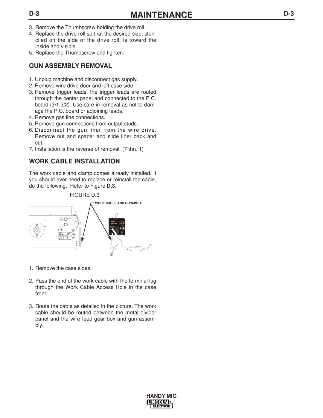 Lincoln Electric IM756-A manual GUN Assembly Removal, Work Cable Installation 