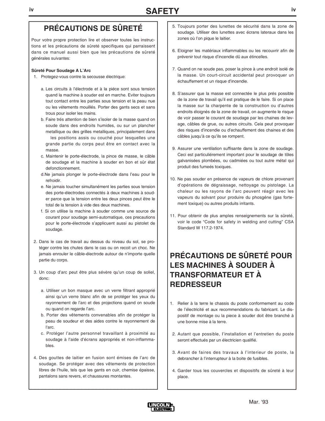 Lincoln Electric IM756-A manual Précautions DE Sûreté, Sûreté Pour Soudage a L’Arc 