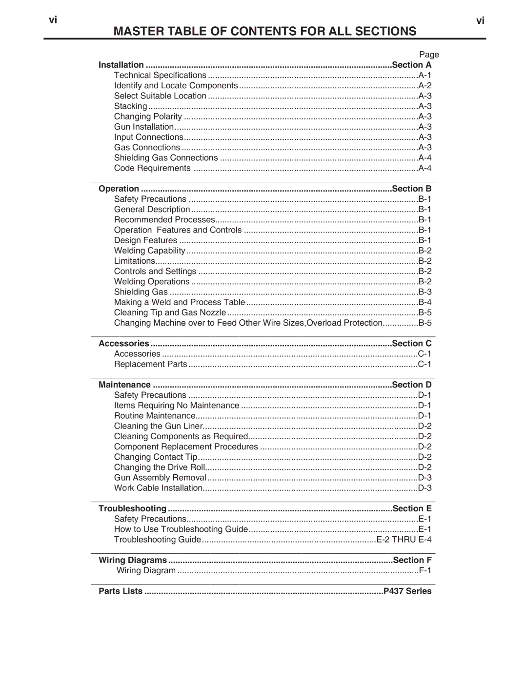 Lincoln Electric IM756-A manual Master Table of Contents for ALL Sections 