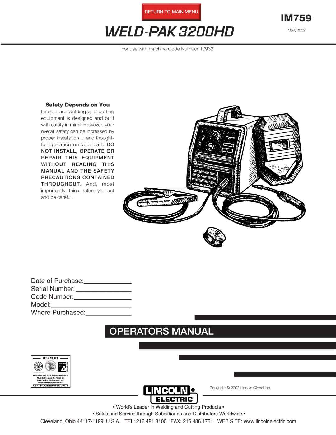 Lincoln Electric IM759 manual WELD-PAK 3200HD 