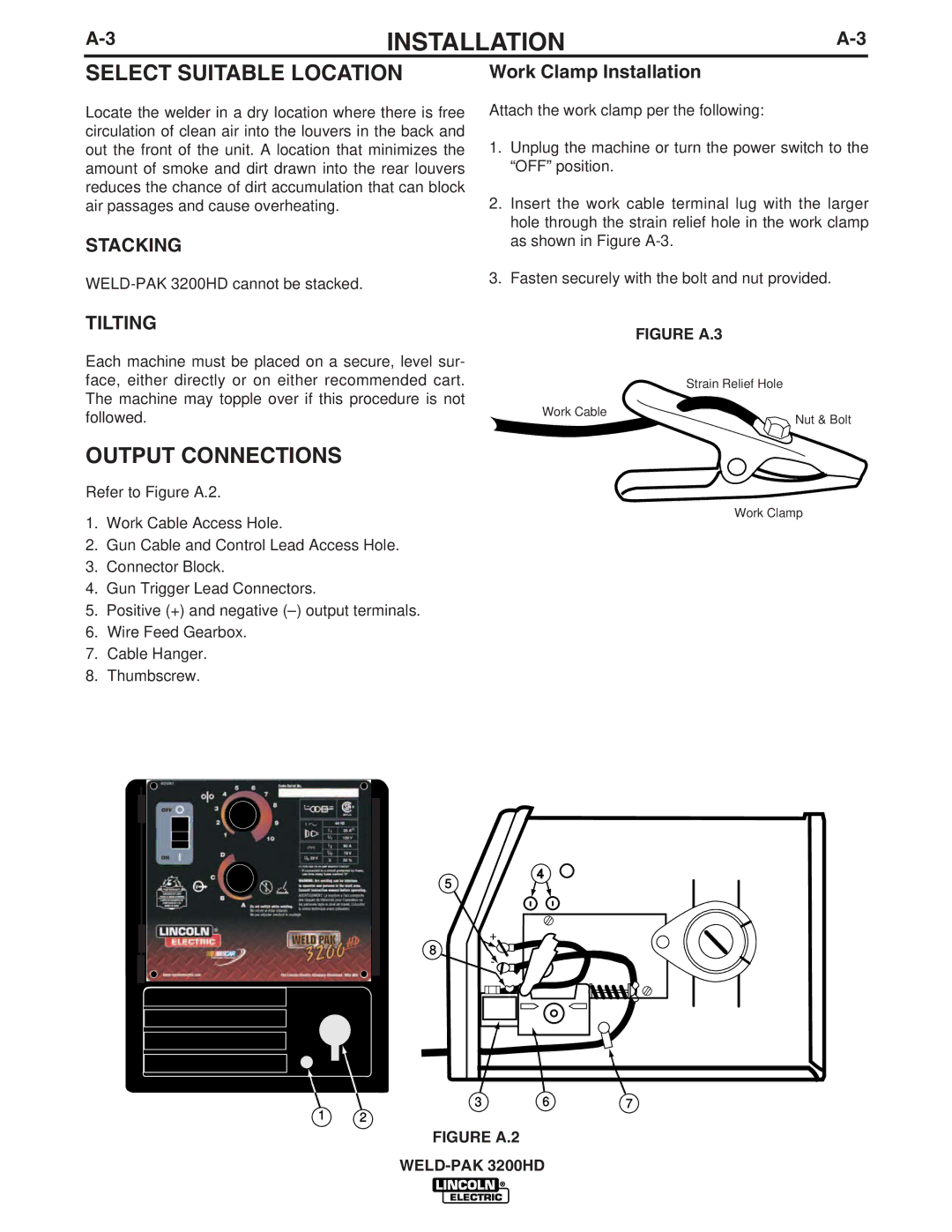 Lincoln Electric IM759, 3200HD Select Suitable Location, Output Connections, Stacking, Tilting, Work Clamp Installation 