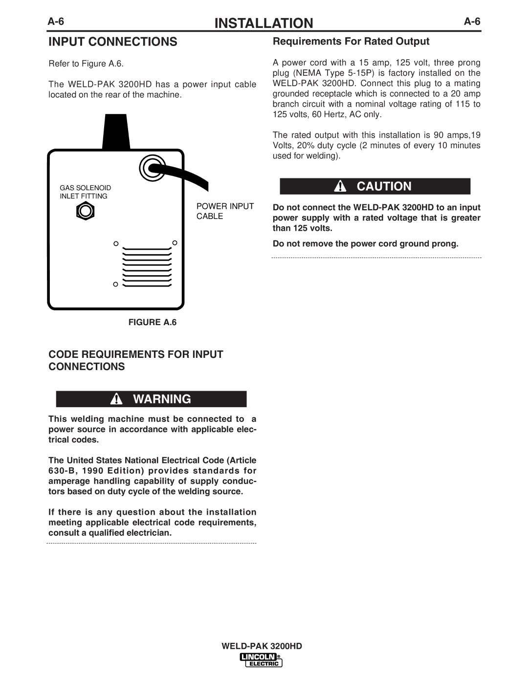 Lincoln Electric 3200HD, IM759 manual Code Requirements for Input Connections, Requirements For Rated Output 