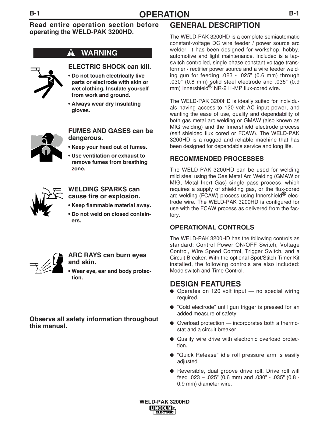 Lincoln Electric 3200HD, IM759 manual General Description, Design Features, Recommended Processes, Operational Controls 
