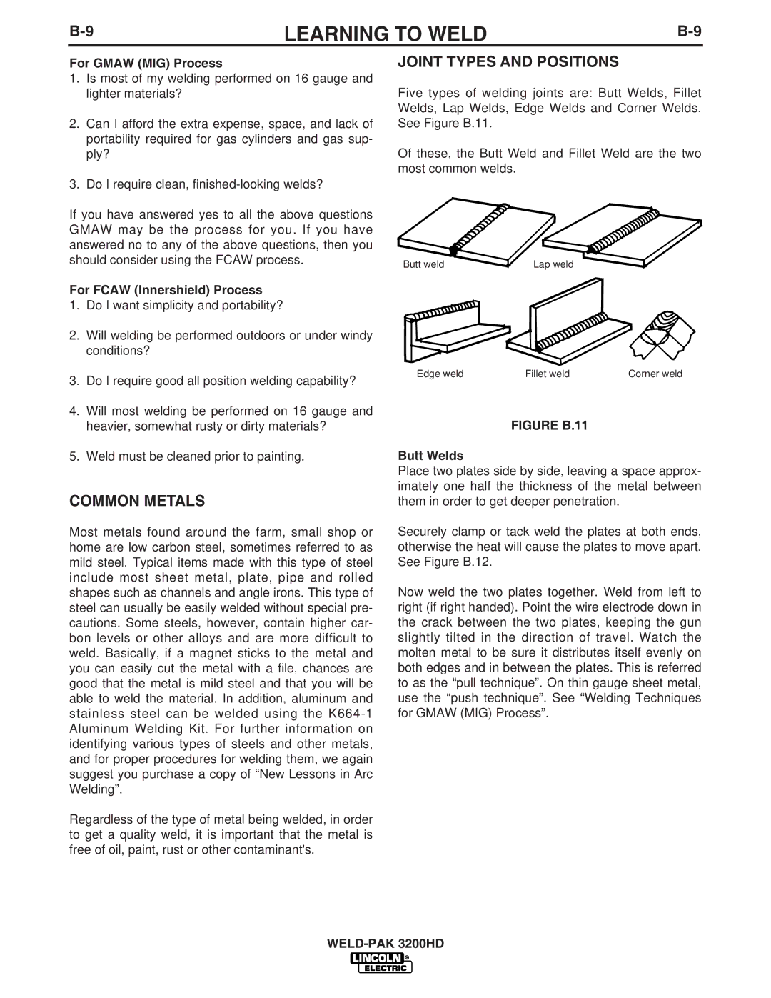 Lincoln Electric 3200HD manual Common Metals, Joint Types and Positions, For Gmaw MIG Process, For Fcaw Innershield Process 