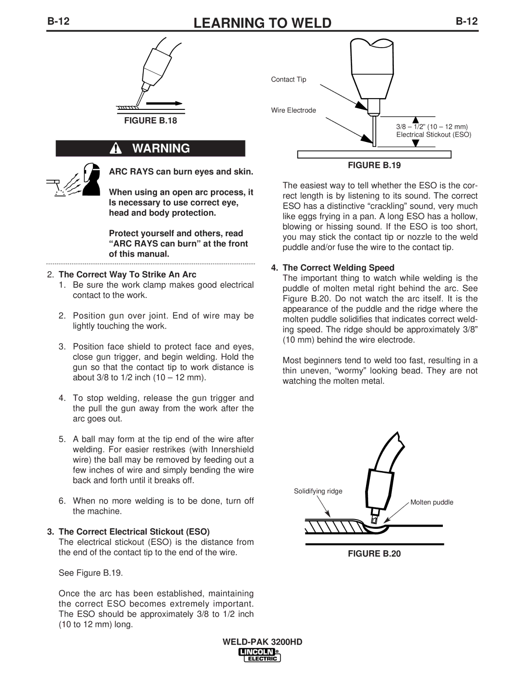 Lincoln Electric IM759, 3200HD manual Correct Electrical Stickout ESO, Correct Welding Speed 