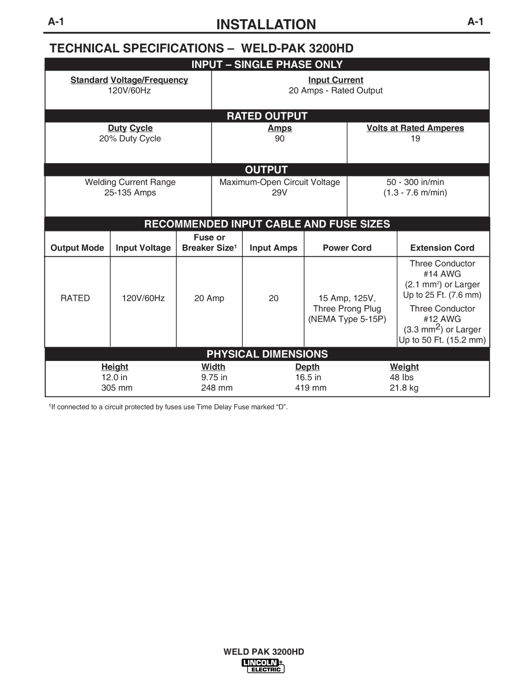 Lincoln Electric IM759 manual Installation, Technical Specifications WELD-PAK 3200HD 