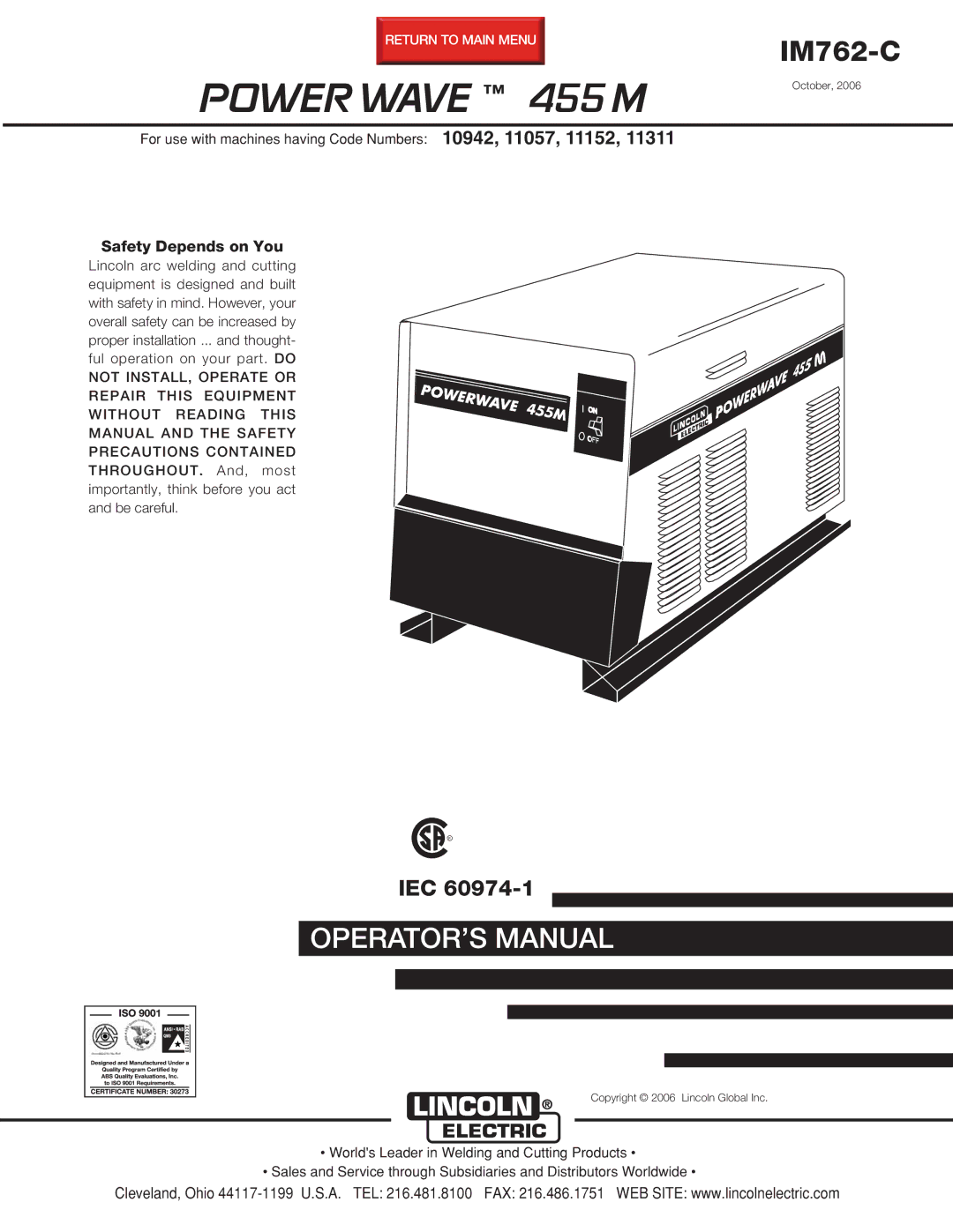 Lincoln Electric IM762-C manual Power Wave 455 M 