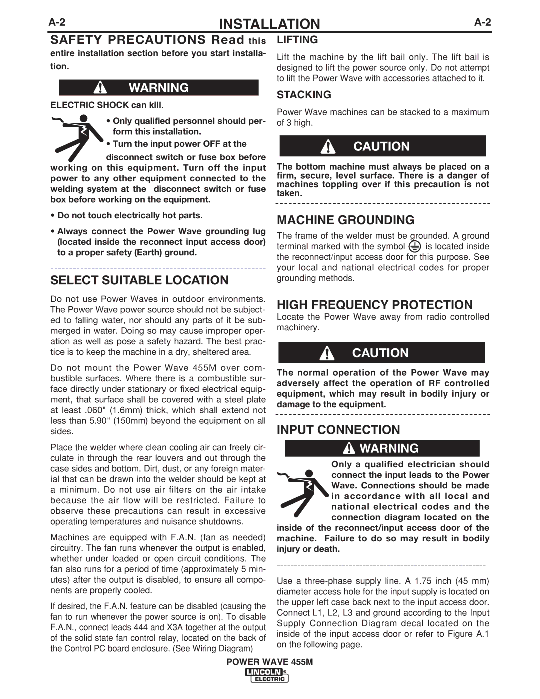 Lincoln Electric IM762-C manual Machine Grounding, High Frequency Protection, Input Connection, Lifting, Stacking 