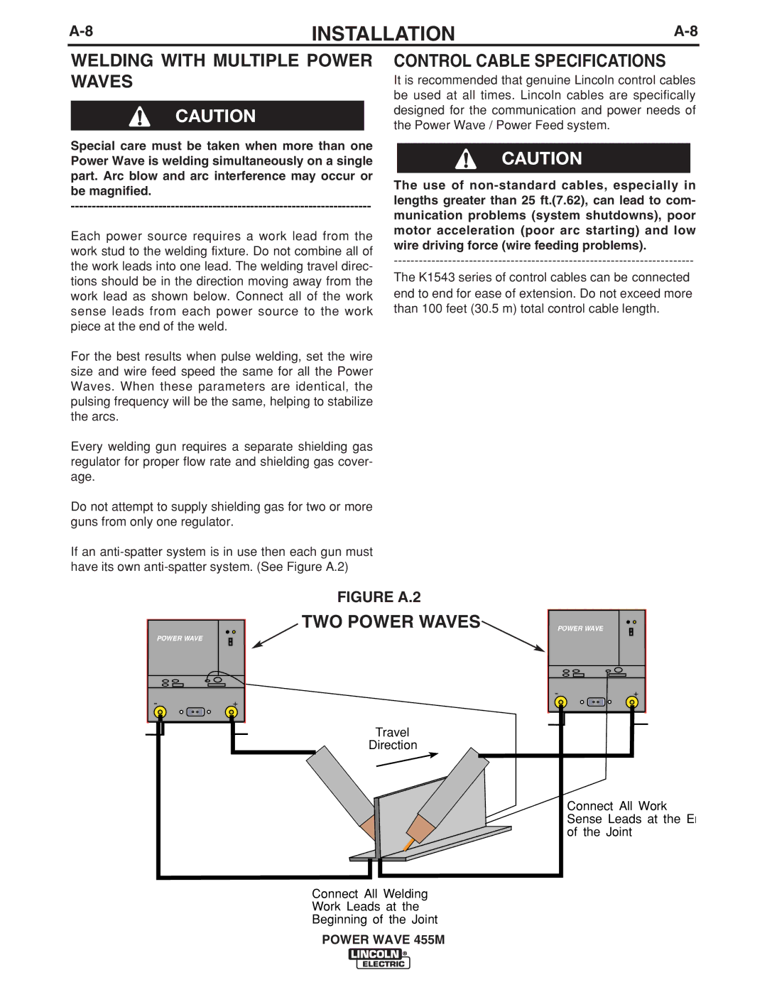 Lincoln Electric IM762-C manual Welding with Multiple Power Waves, Control Cable Specifications, TWO Power Waves 