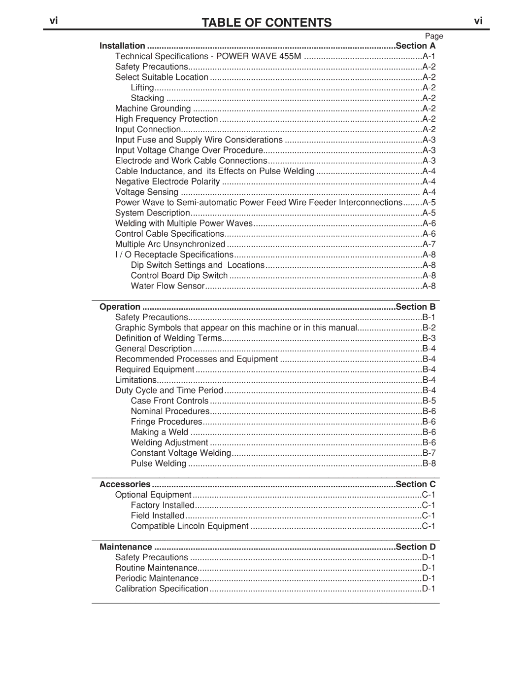 Lincoln Electric IM762-C manual Table of Contents 