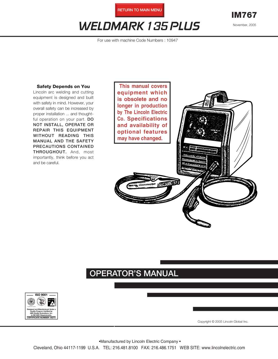 Lincoln Electric IM767 specifications Weldmark 135 Plus 