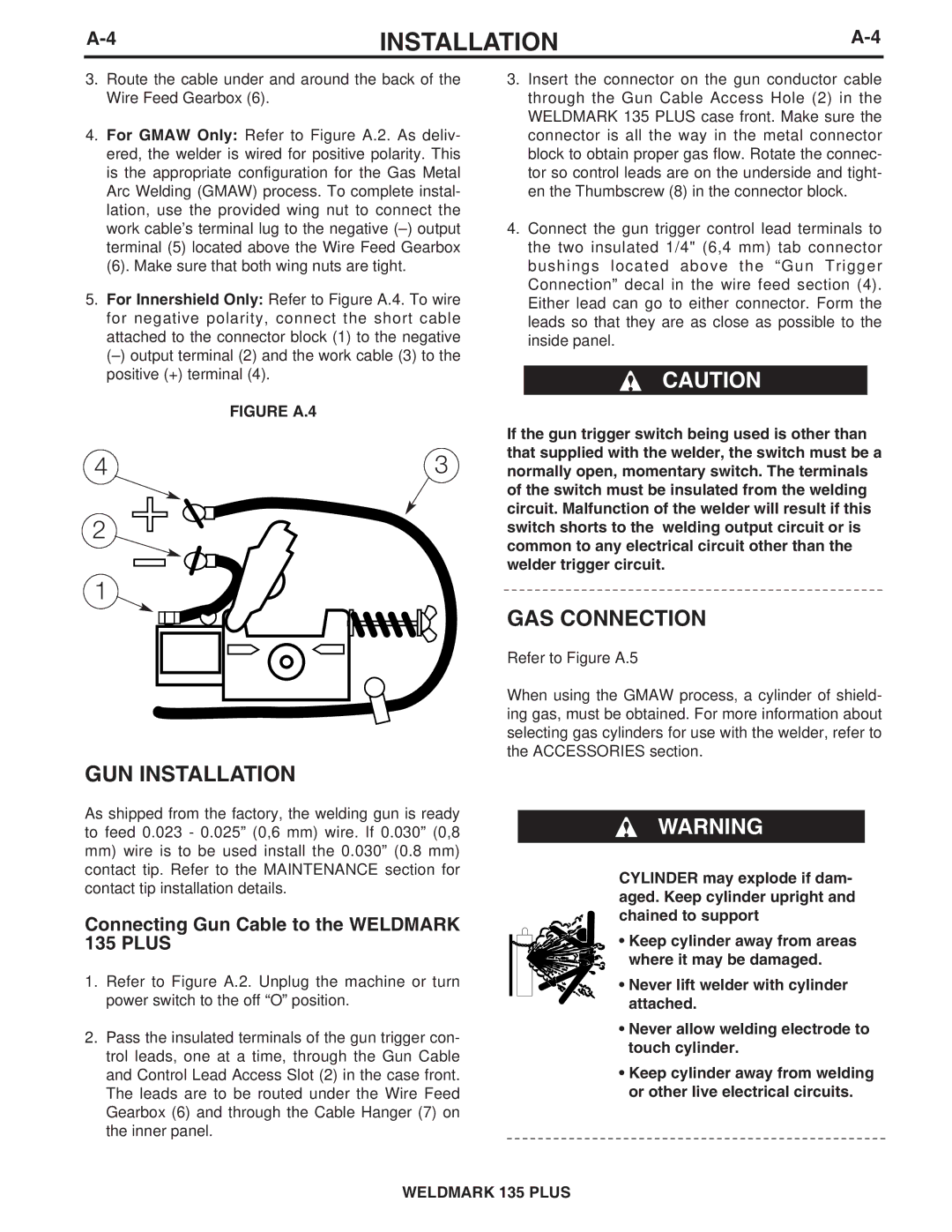 Lincoln Electric IM767 specifications GUN Installation, GAS Connection, Connecting Gun Cable to the Weldmark 135 Plus 