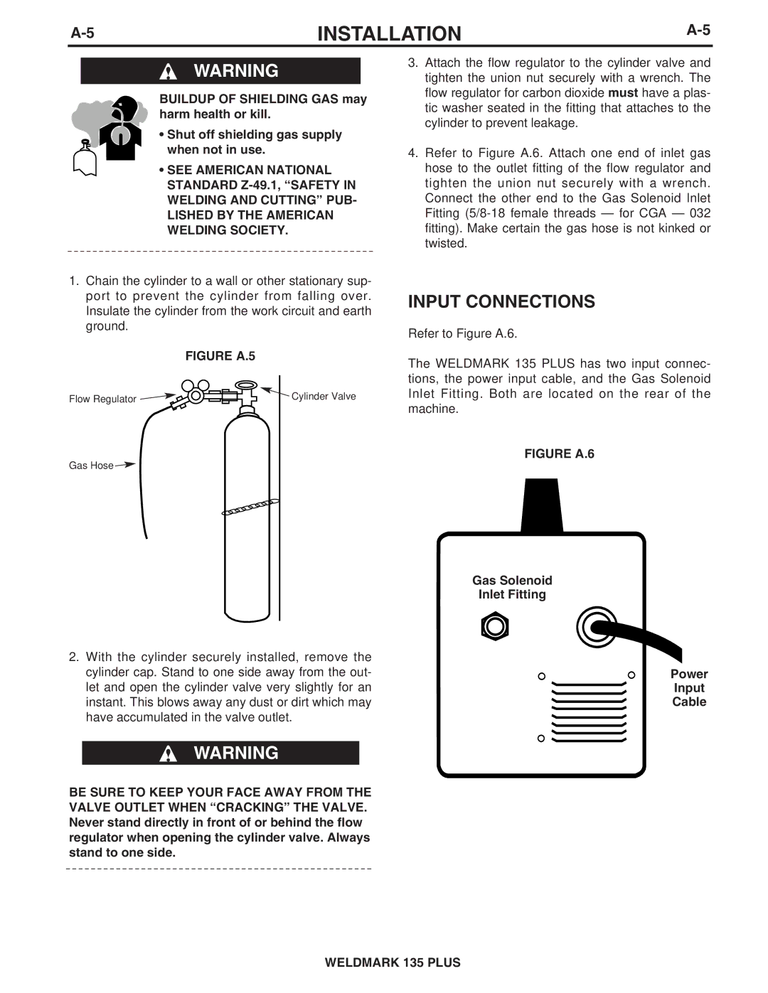 Lincoln Electric IM767 specifications Input Connections, Gas Solenoid Inlet Fitting, Cable 