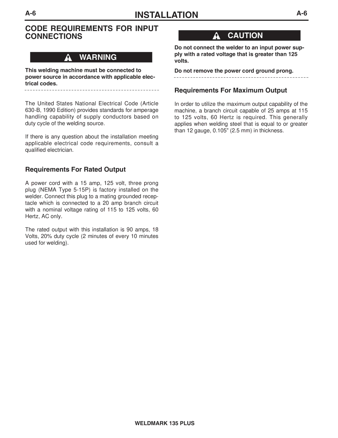 Lincoln Electric IM767 specifications Code Requirements for Input Connections, Requirements For Rated Output 