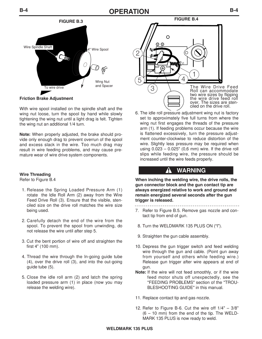 Lincoln Electric IM767 specifications 4OPERATIONB-4, Friction Brake Adjustment, Wire Threading 