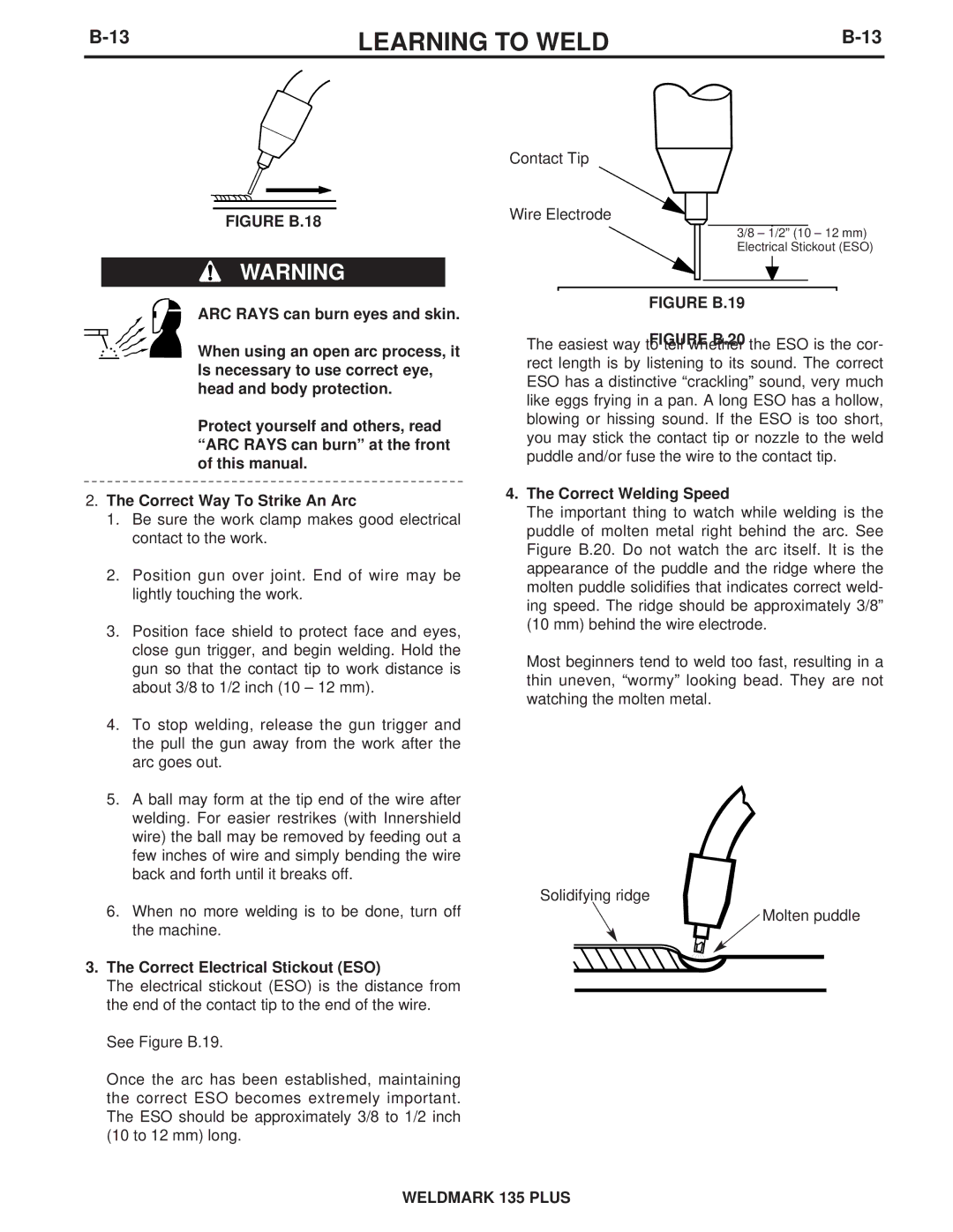 Lincoln Electric IM767 specifications Correct Electrical Stickout ESO, Correct Welding Speed 