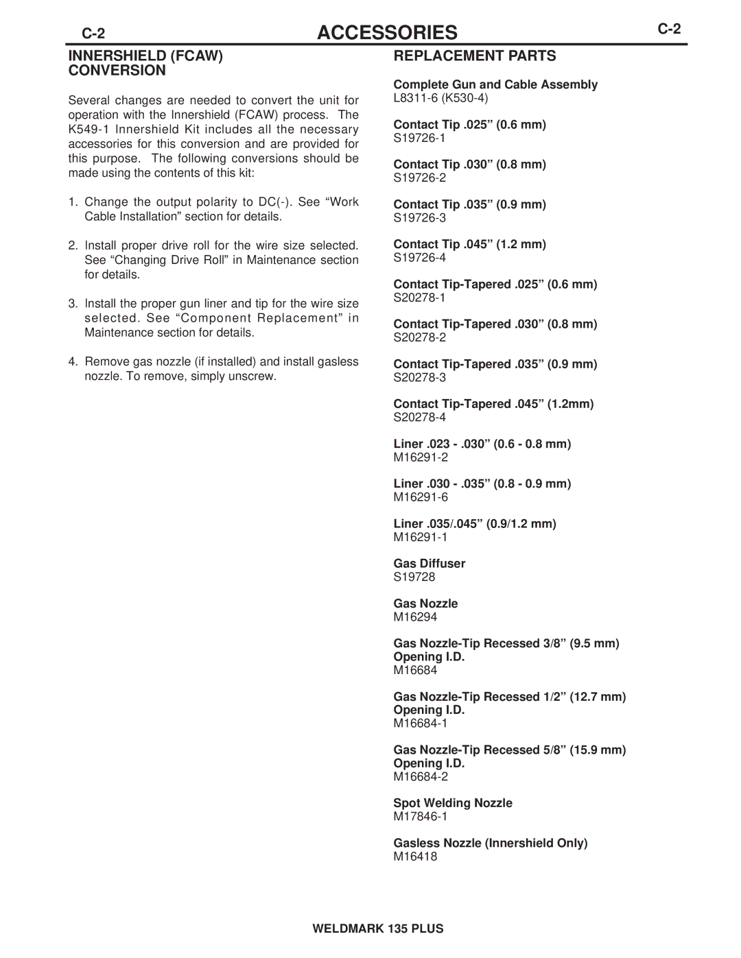 Lincoln Electric IM767 specifications Innershield Fcaw Conversion, Replacement Parts 