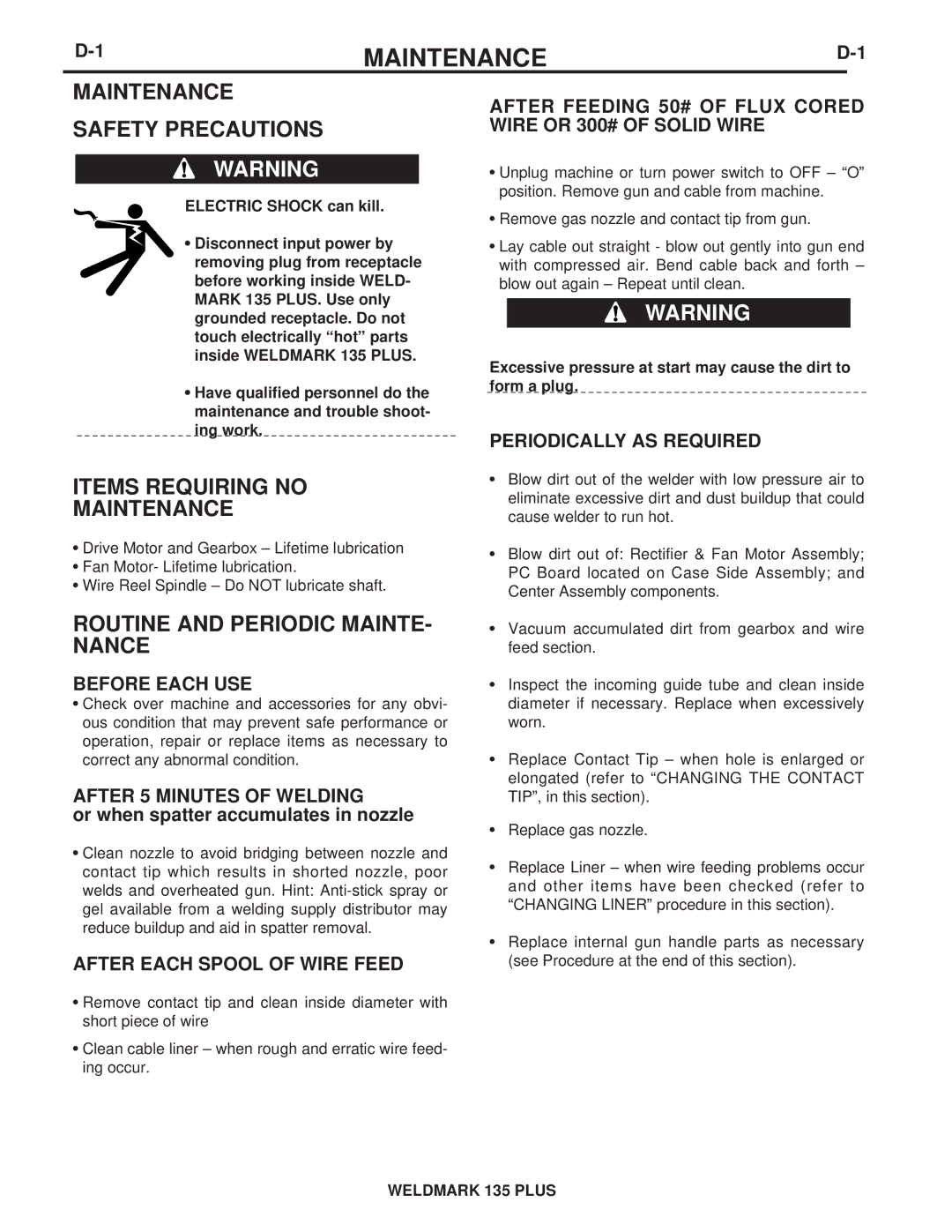 Lincoln Electric IM767 specifications Maintenance Safety Precautions, Items Requiring no Maintenance 