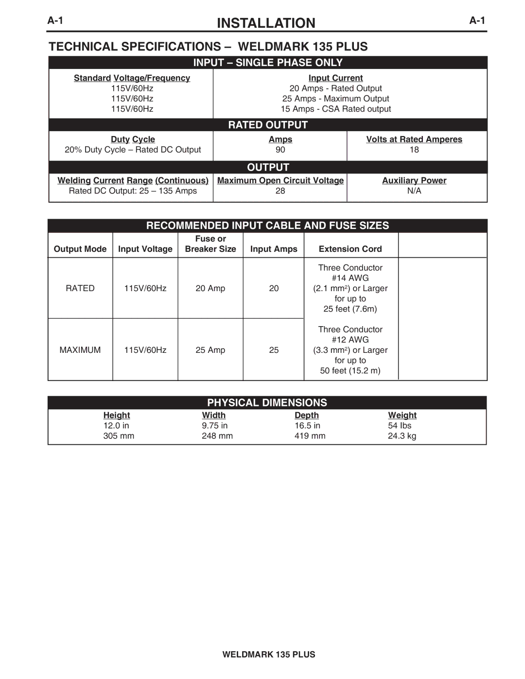 Lincoln Electric IM767 specifications Installation, Technical Specifications Weldmark 135 Plus 