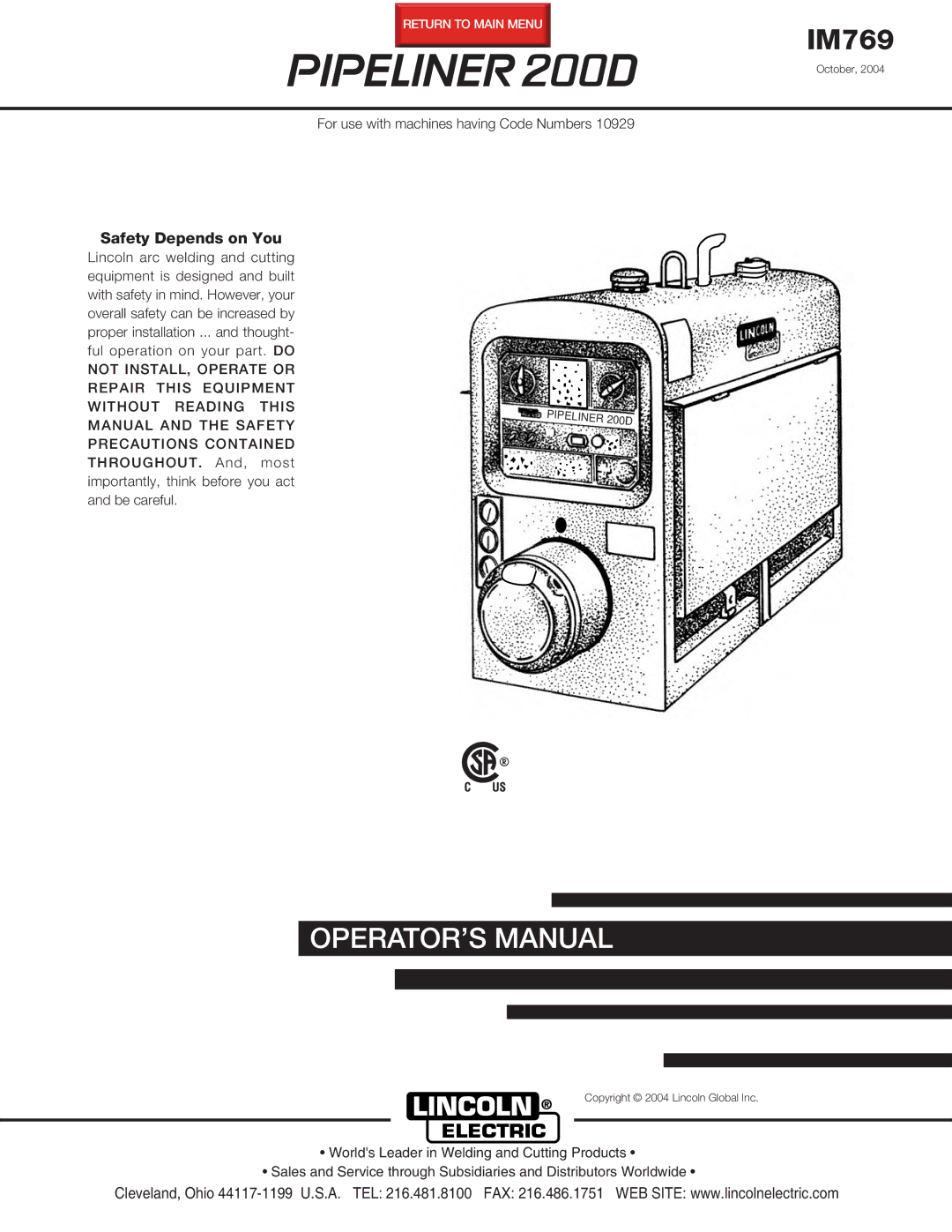 Lincoln Electric IM769 manual Pipeliner 200D 