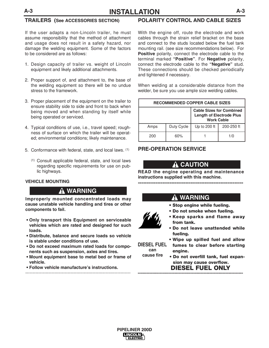 Lincoln Electric IM769 manual Polarity Control and Cable Sizes, PRE-OPERATION Service, Trailers See Accessories Section 