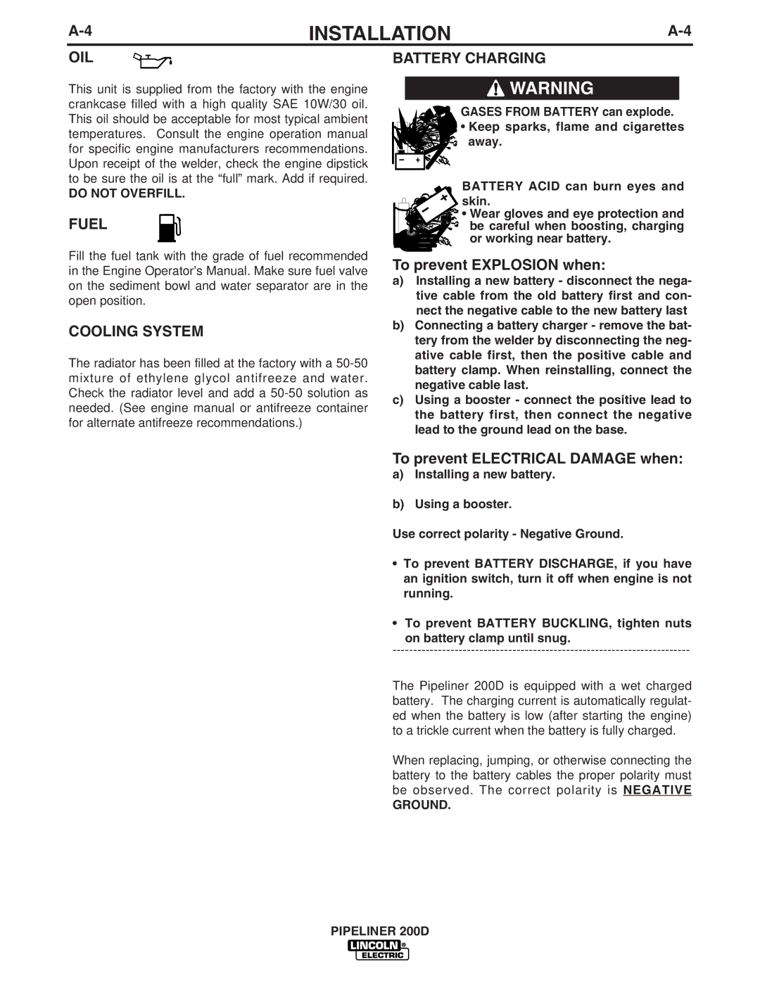 Lincoln Electric IM769 manual Oil, Fuel, Cooling System, Battery Charging 