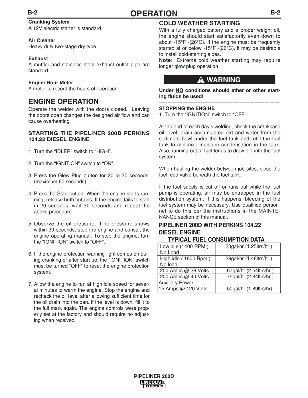 Lincoln Electric IM769 manual Engine Operation, Cold Weather Starting 