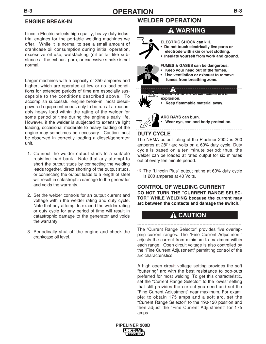 Lincoln Electric IM769 manual Welder Operation, Engine BREAK-IN, Duty Cycle, Control of Welding Current 