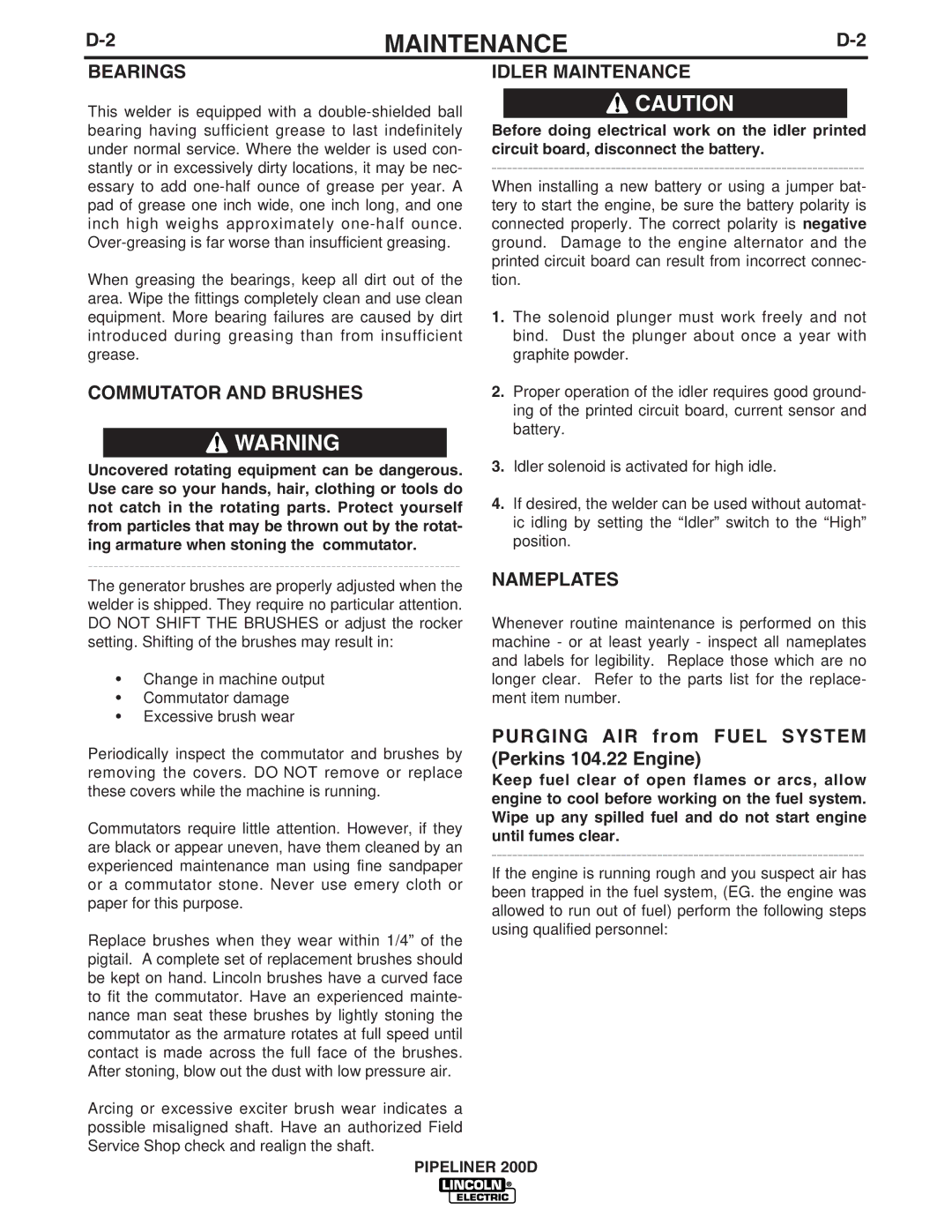 Lincoln Electric IM769 manual Bearings, Commutator and Brushes, Idler Maintenance, Nameplates 