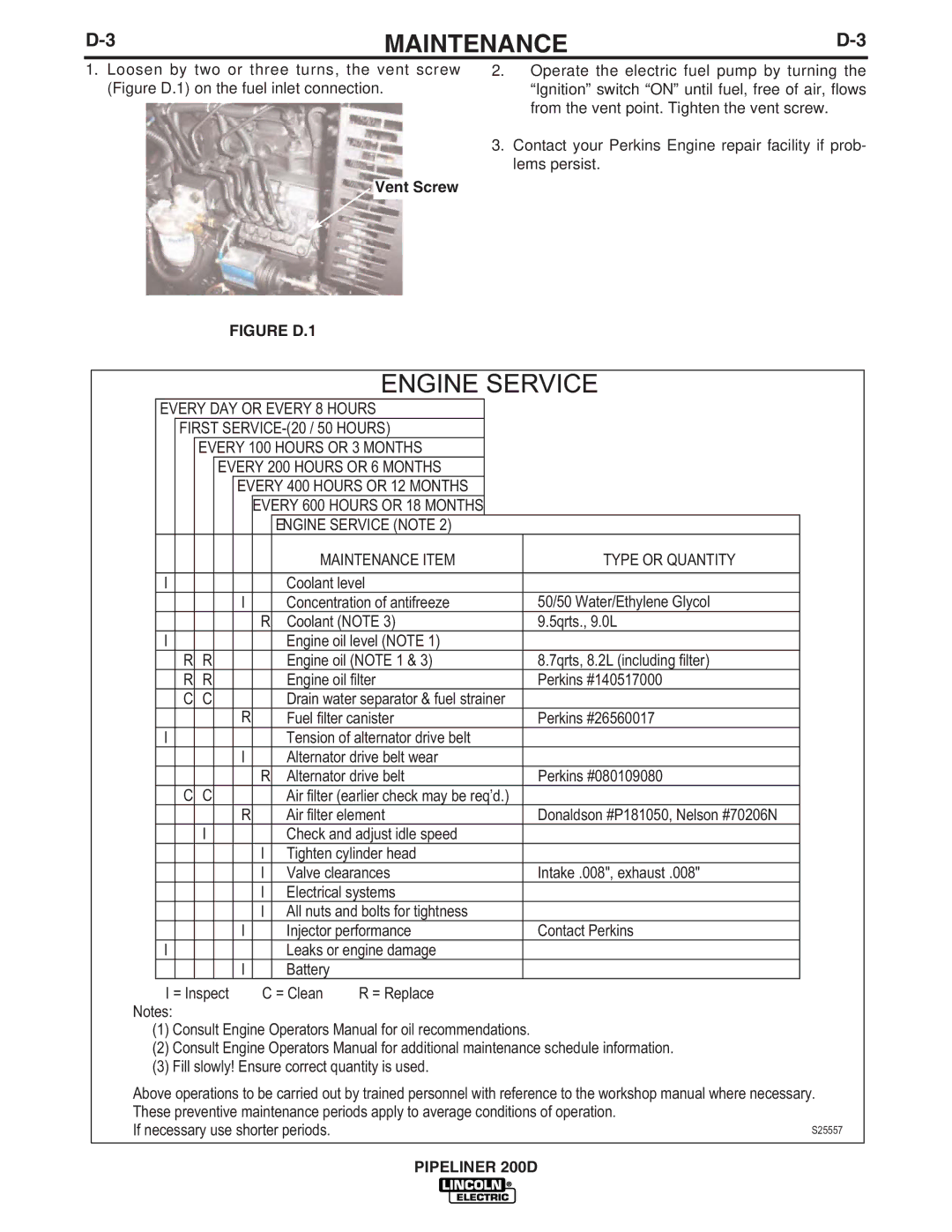 Lincoln Electric IM769 manual Engine Service Note Maintenance Item Type or Quantity, Vent Screw 